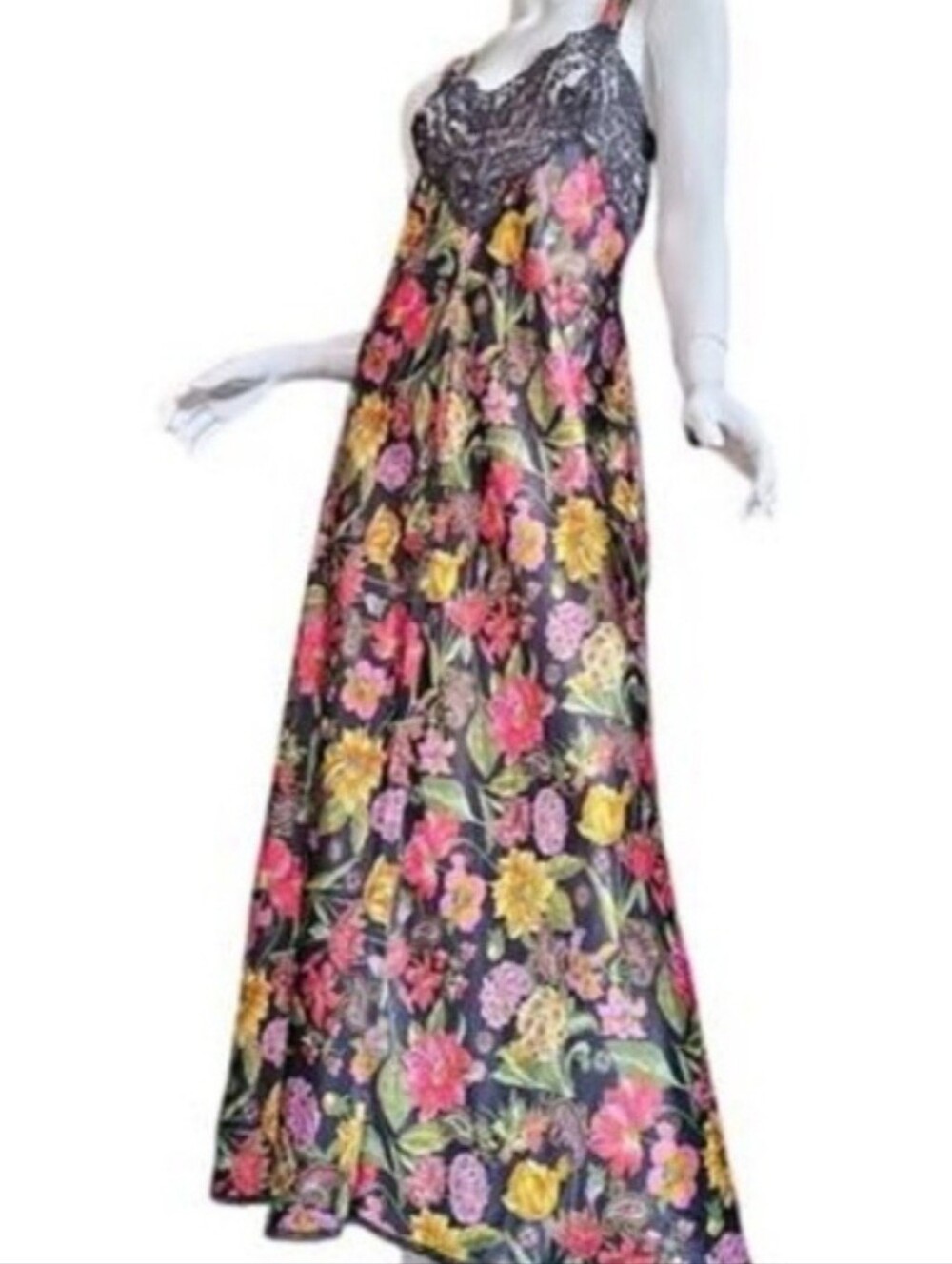 Vanity Fair Vintage Black Floral Lace Maxi Dress with Pink and Yellow Blooms - Picture 16 of 16